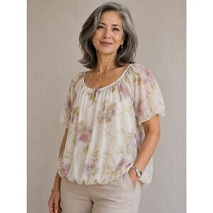 Viola Borghi Sheer Sleeve Blouse Peasant Balloon Hem Top Silk Size M